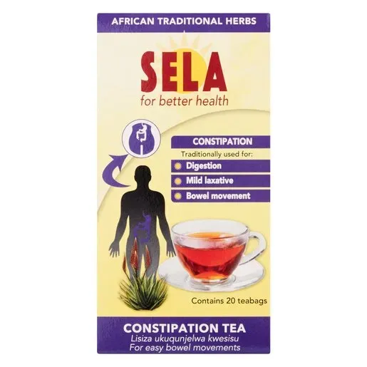 Front of Sela Constipation Tea box, 20 tea bags