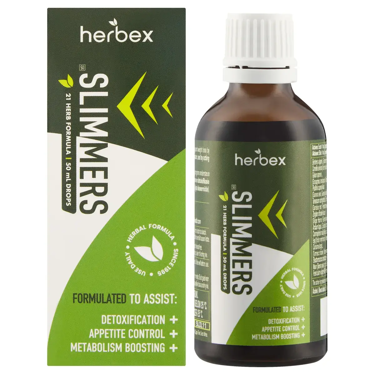 Front of Herbex Slimmers Drops 50 ml box and bottle