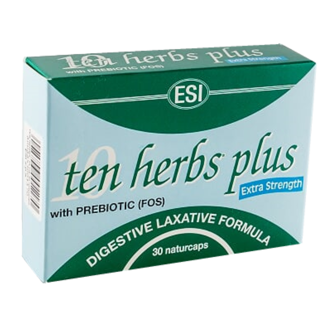 Front of ESI Ten Herbs Plus Extra Strength Digestive Laxative Formula, 30 naturcaps box