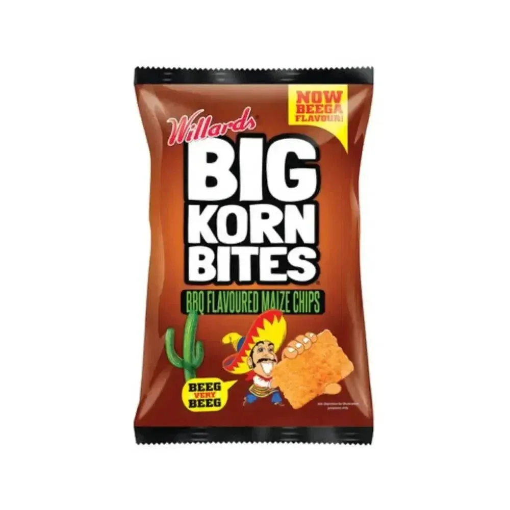 Front of Willards Big Korn Bites BBQ Flavoured Maize Chips 120g packet