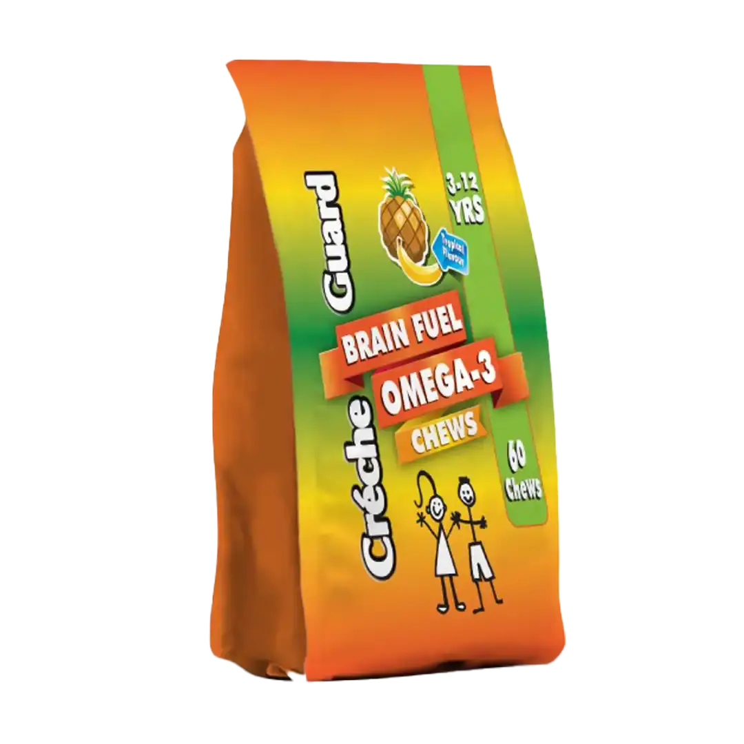 Angled view of Creche Guard Brain Fuel Omega-3 Chews 60 chews pouch