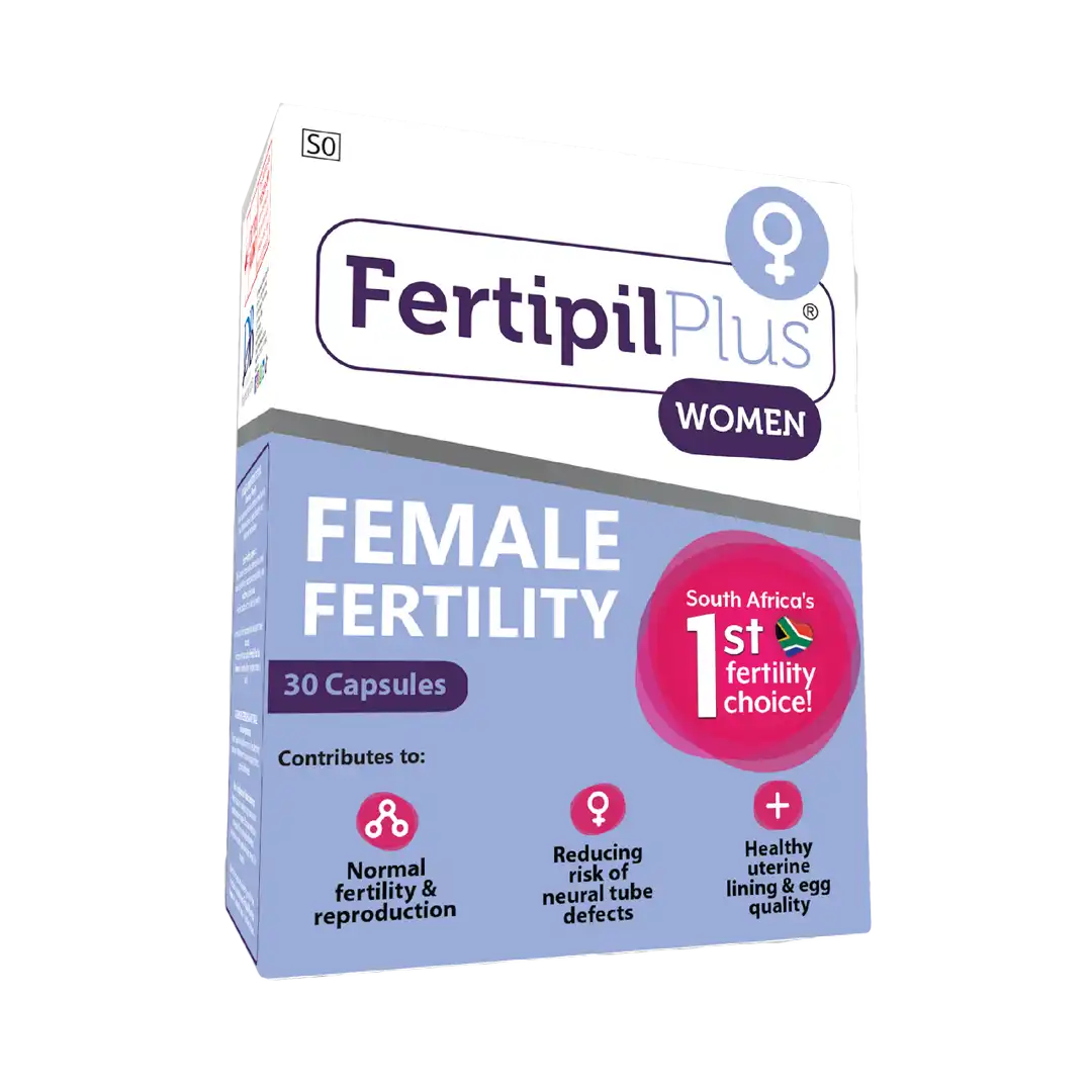 Angled front of DB Pharmaceuticals FertipilPlus Female Fertility 30 capsules box