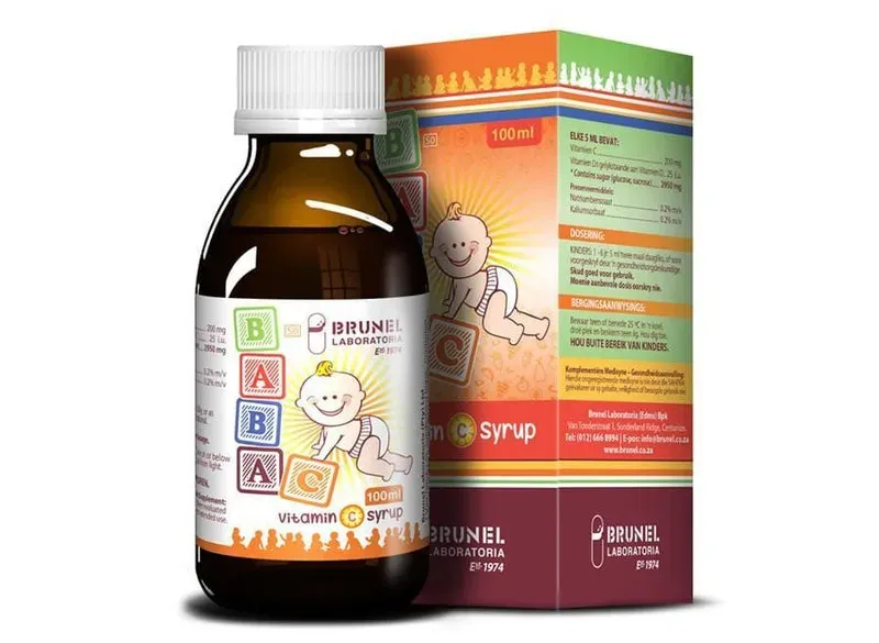 Front angled view of Brunel Laboratoria Vitamin C Baba Syrup 100 ml bottle and box