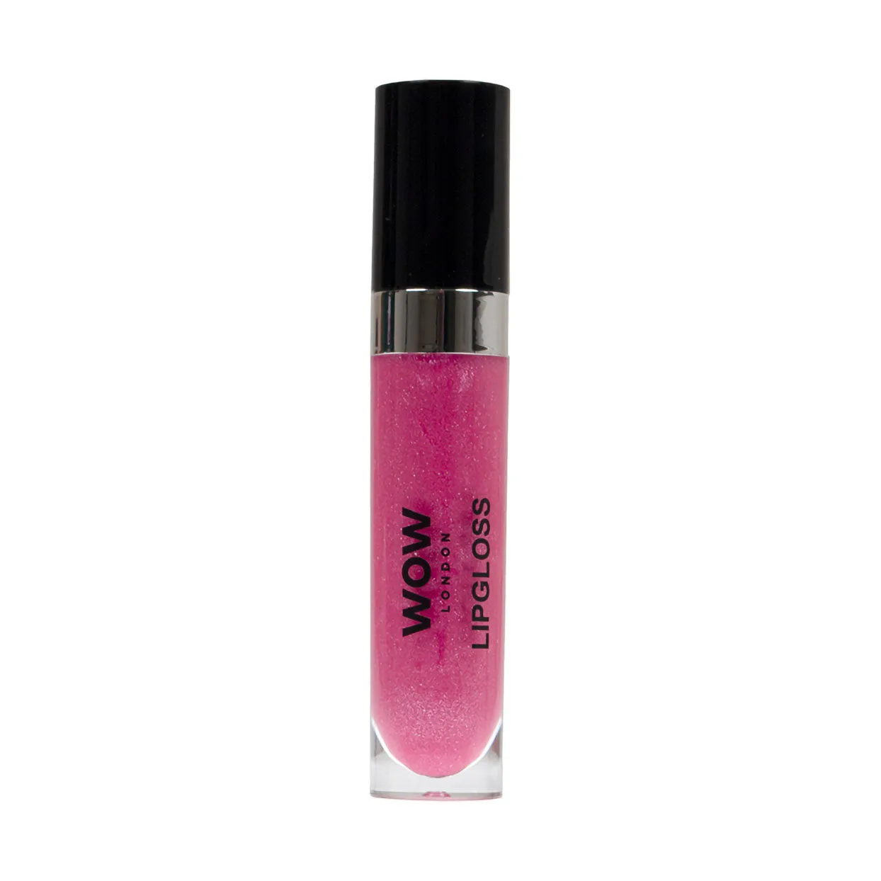 Front of WOW London Lipgloss tube, pink gloss shade