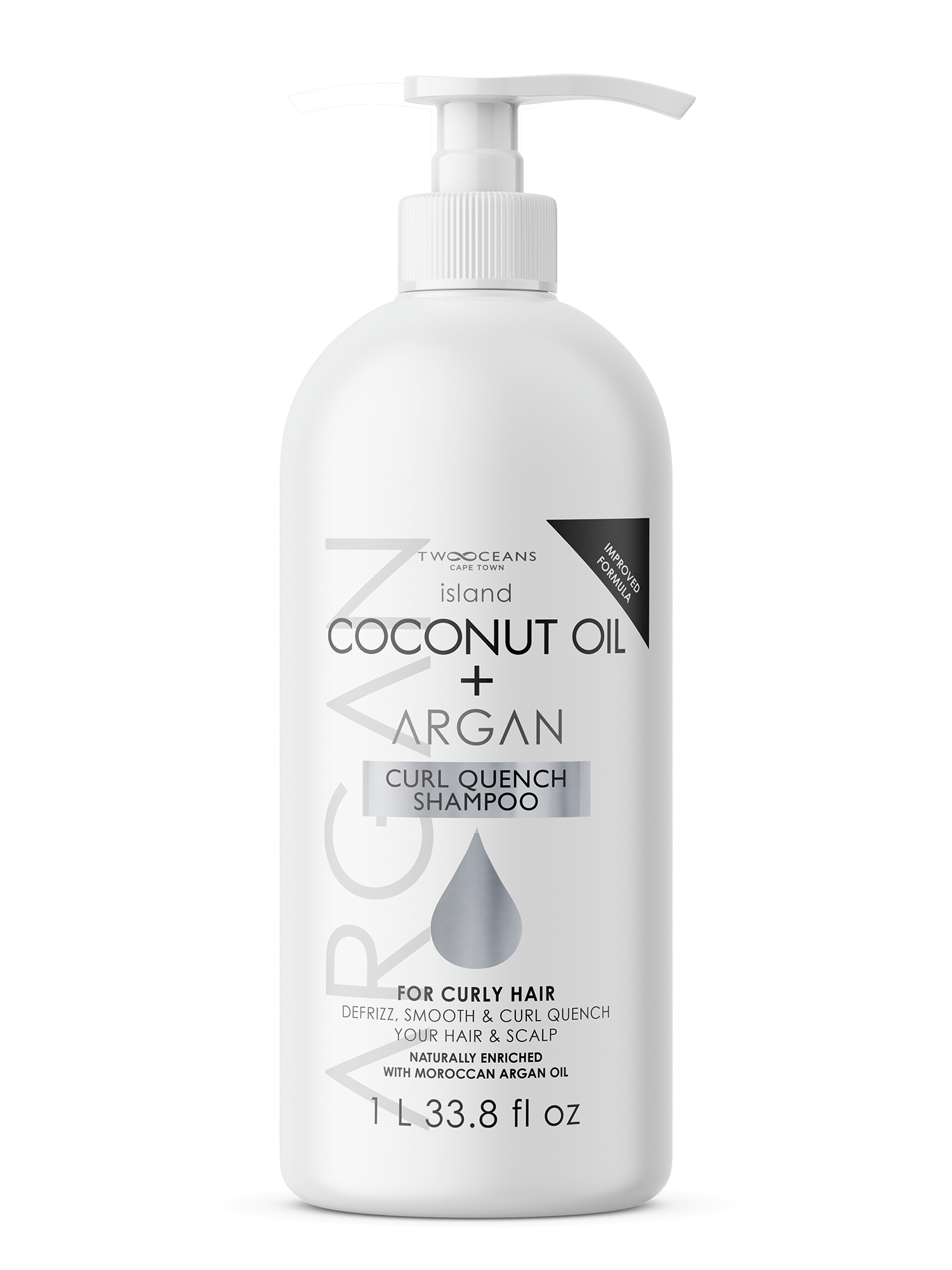 Front of Two Oceans Island Coconut Oil + Argan Curl Quench Shampoo, 1L pump bottle