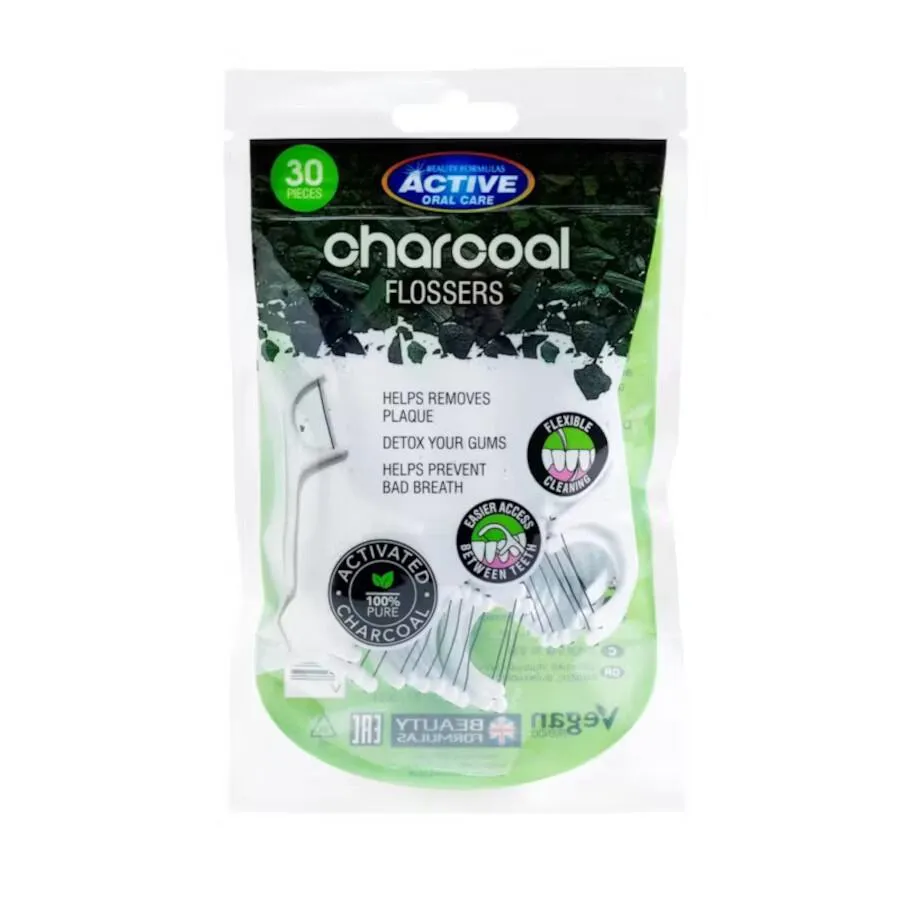 Front of Beauty Formulas Active Oral Care Charcoal Flossers, 30 pieces pack