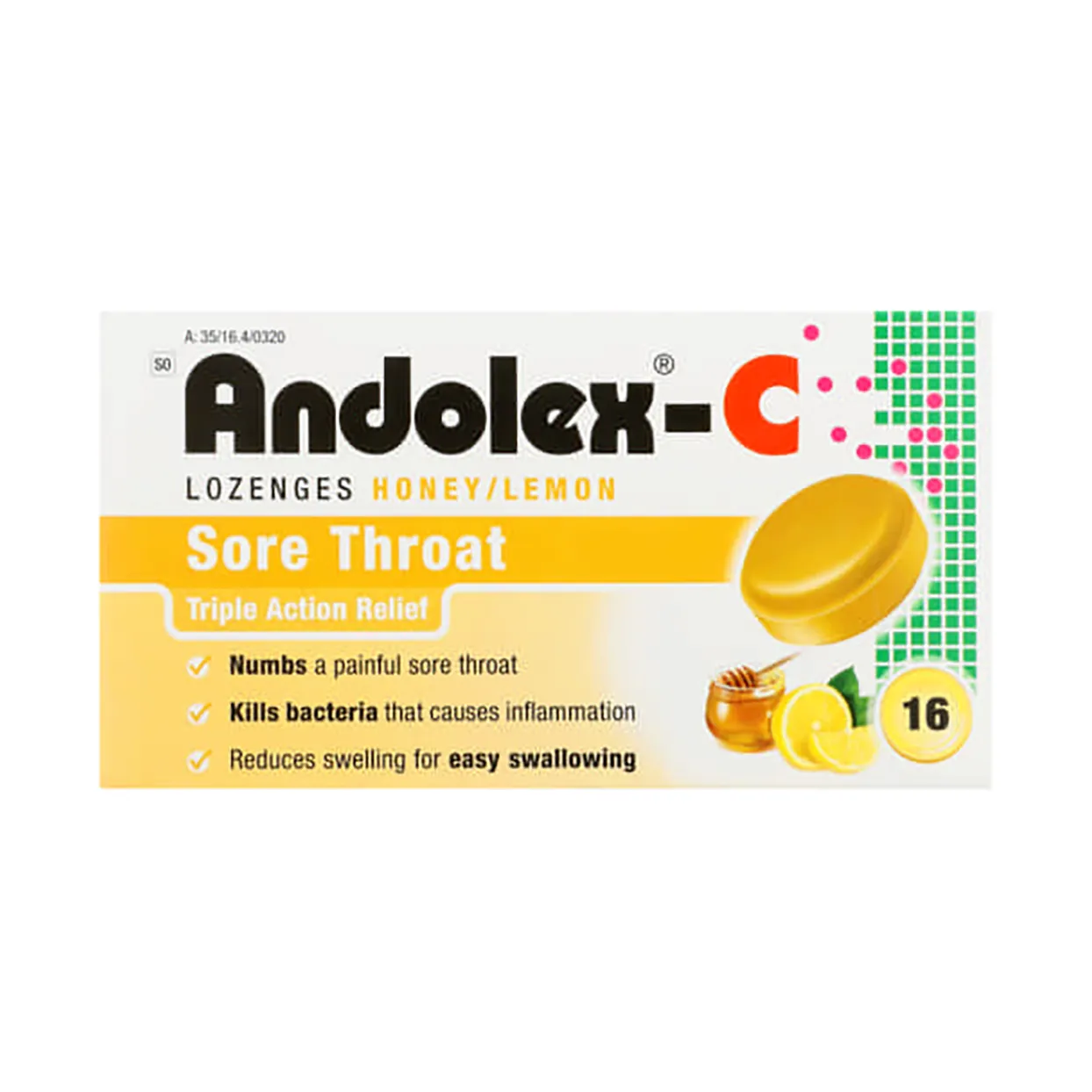 Front of Andolex-C Lozenges Honey & Lemon 16 pack