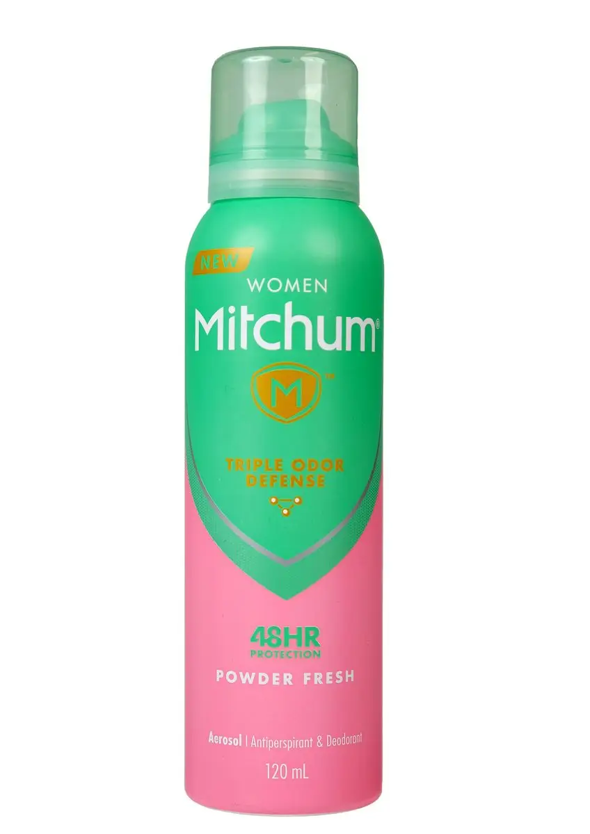Front of Mitchum Women Powder Fresh Triple Odor Defense Antiperspirant Deodorant Aerosol 120 ml