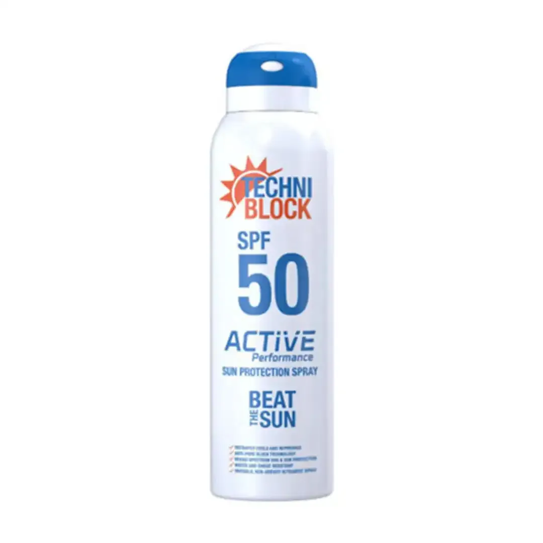 Front of Sunpac Techni Block SPF50 Active Performance Sun Protection Spray 75 ml can