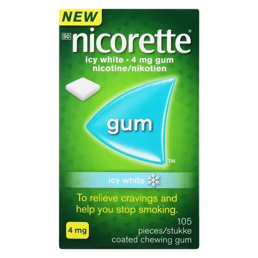 Front of Nicorette Icy White 4 mg chewing gum, 105 pieces