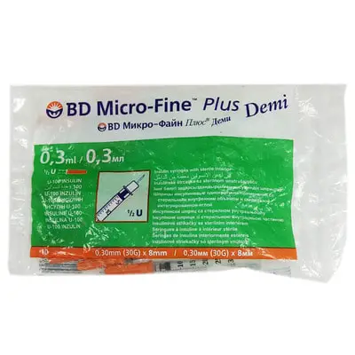Front of BD Micro-Fine Plus Demi 0.3ml 30G Insulin Syringe pack, 10 pieces