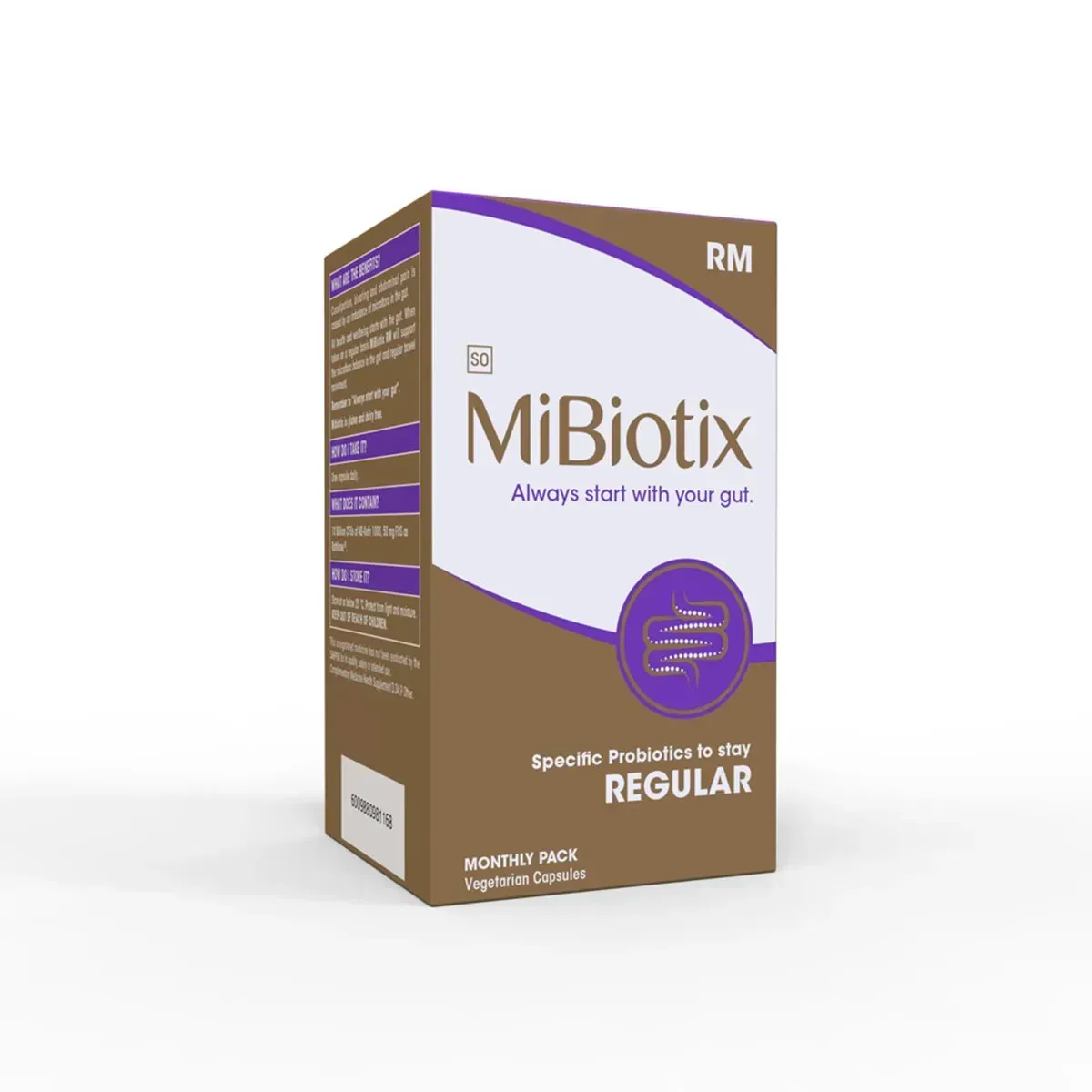 Angled view of MyHealth365 MiBiotix RM Regular probiotic capsules, 30's monthly pack box