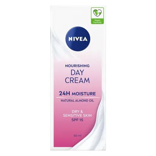 Front of NIVEA Nourishing Day Cream 50 ml box for dry and sensitive skin
