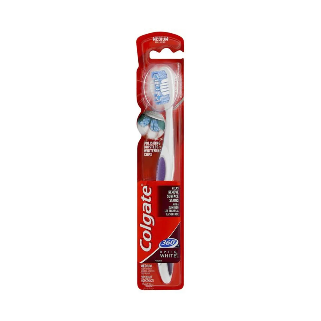 Front of Colgate 360 Optic White Medium Toothbrush blister pack