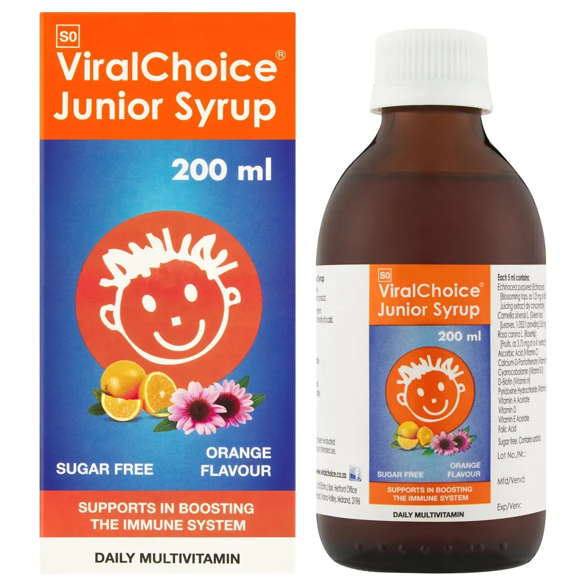 Box and bottle of ViralChoice Junior Syrup Orange Flavour 200 ml