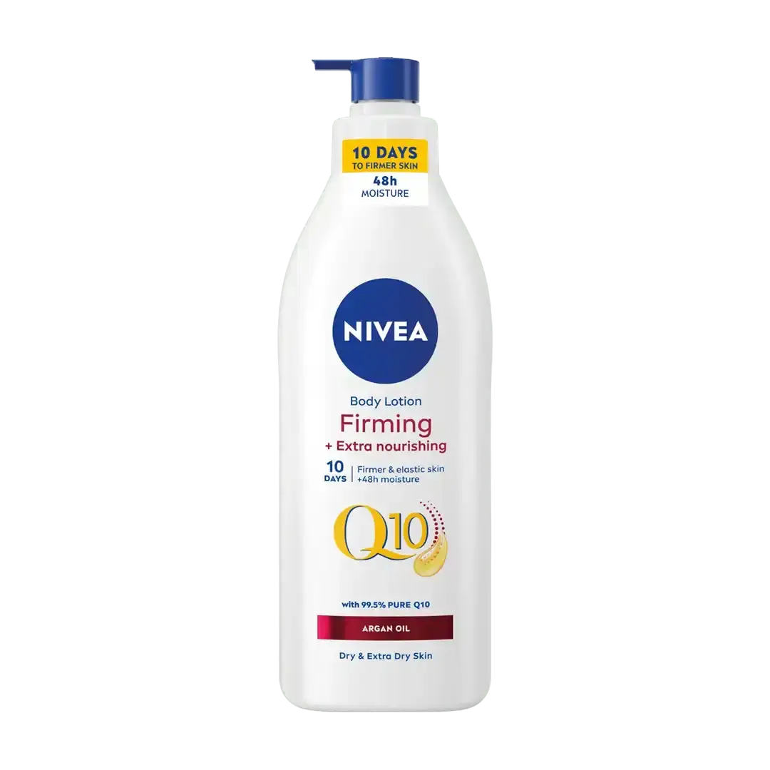 Front of Nivea Q10+ Argan Oil Firming Body Lotion 400ml pump bottle