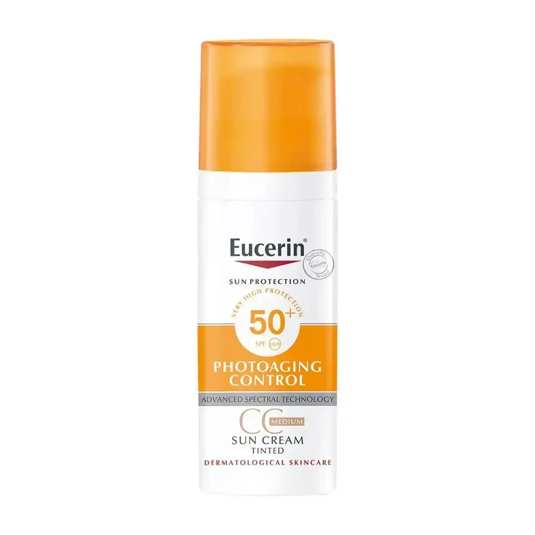 Front of Eucerin Photoaging Control CC Sun Cream Tinted Medium SPF50+ 50 ml tube