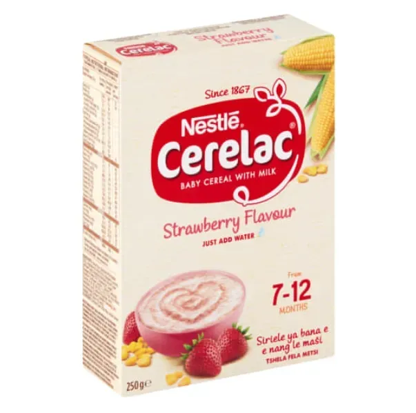 Front of Nestlé Cerelac Strawberry Flavour baby cereal 250 g box