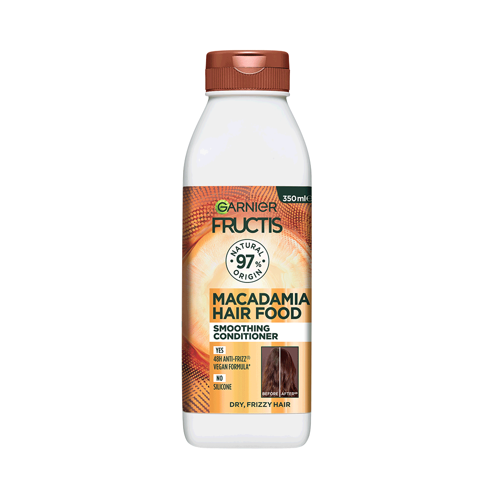Front of Garnier Fructis Macadamia Hair Food Smoothing Conditioner 350ml bottle