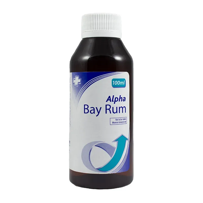 Front of Alpha Bay Rum 100 ml bottle