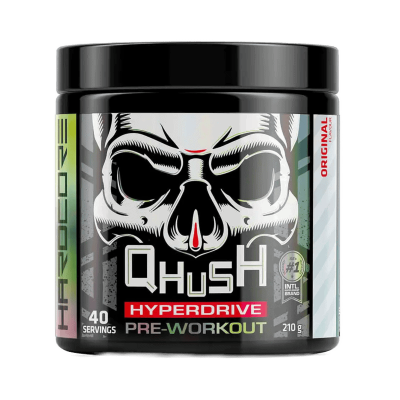 Front of USN QHush Hyperdrive Original Pre-Workout 210 g tub