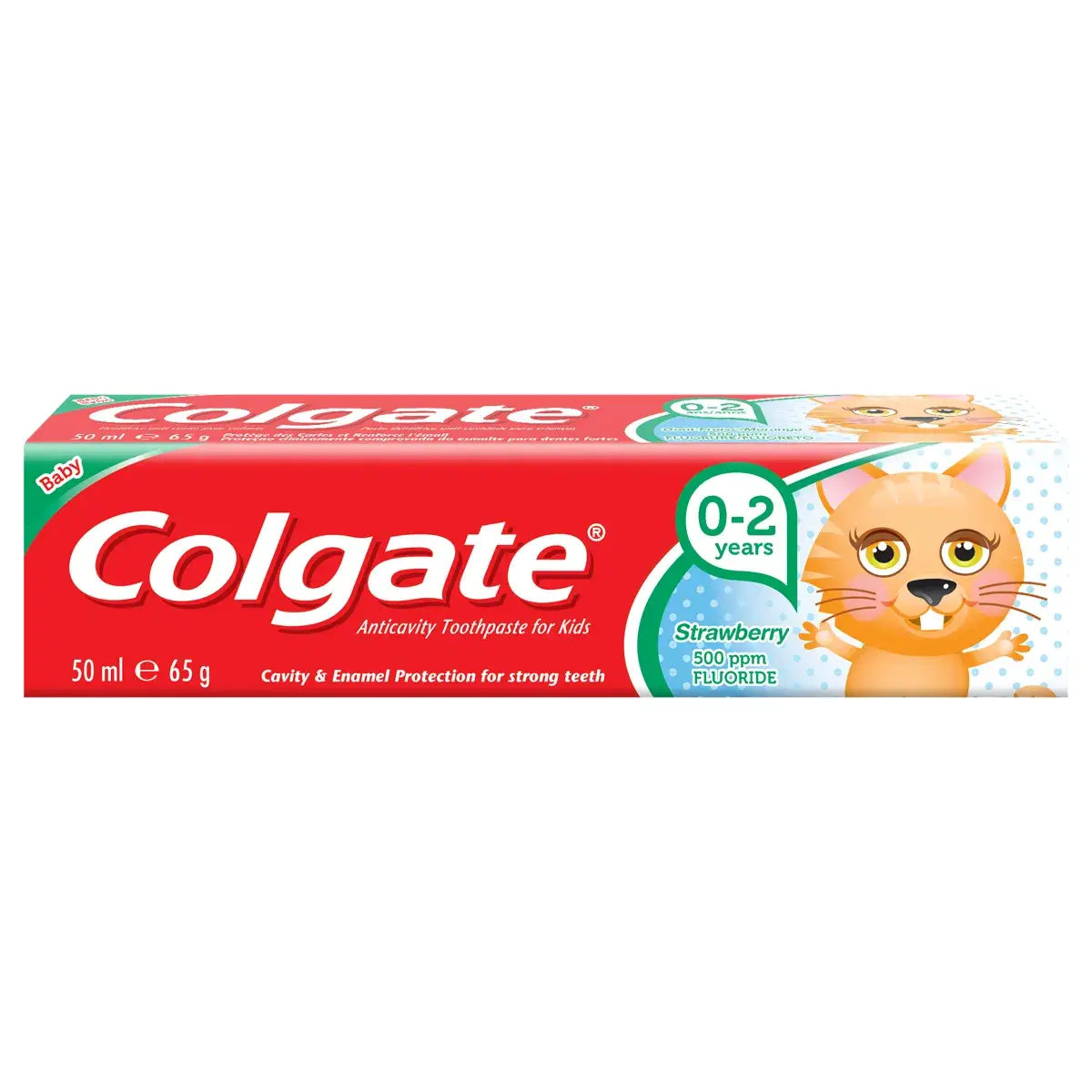 Front of Colgate Kids Strawberry Anticavity Toothpaste 0-2 years 50 ml box