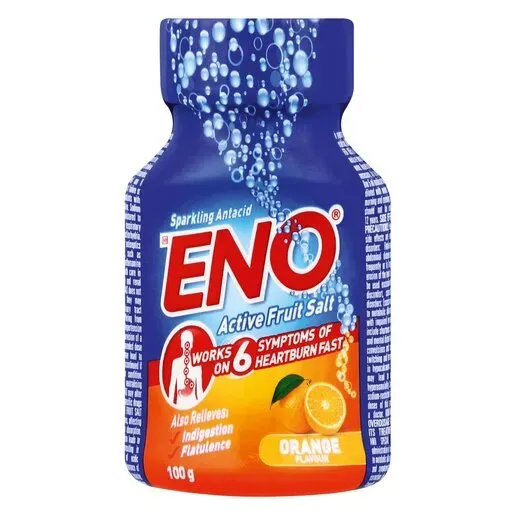 Front of ENO Active Fruit Salt Orange 100 g sparkling antacid bottle