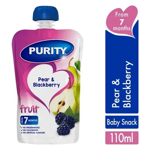 Front of Purity Pear & Blackberry Fruit Baby Snack pouch 110 ml