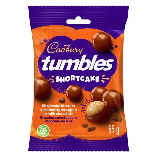 Front of Cadbury Tumbles Shortcake chocolate covered biscuits 65 g pack