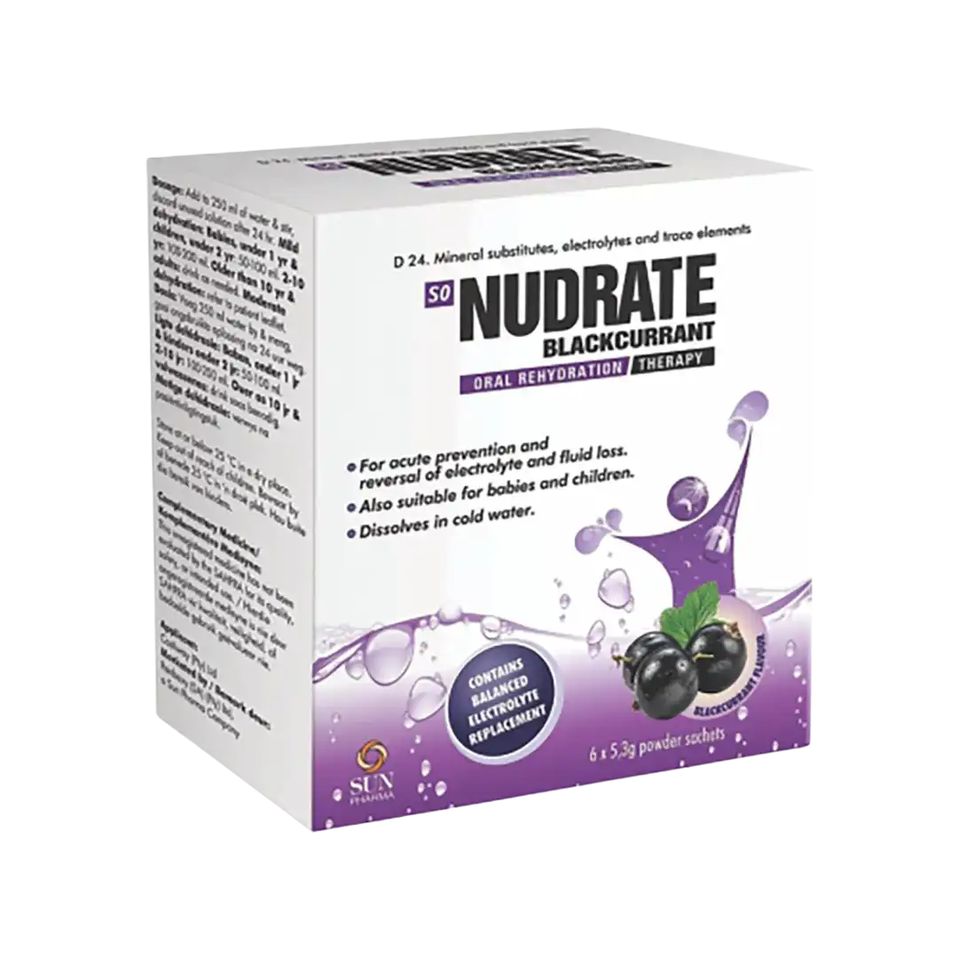 Front of Nudrate Blackcurrant Oral Rehydration Therapy, 6 x 5.3g sachets