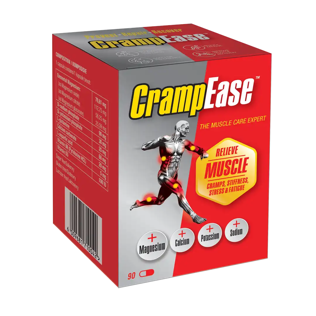 Angled view of Nativa CrampEase muscle cramp relief capsules box, 90 capsules, showing ingredients and barcode