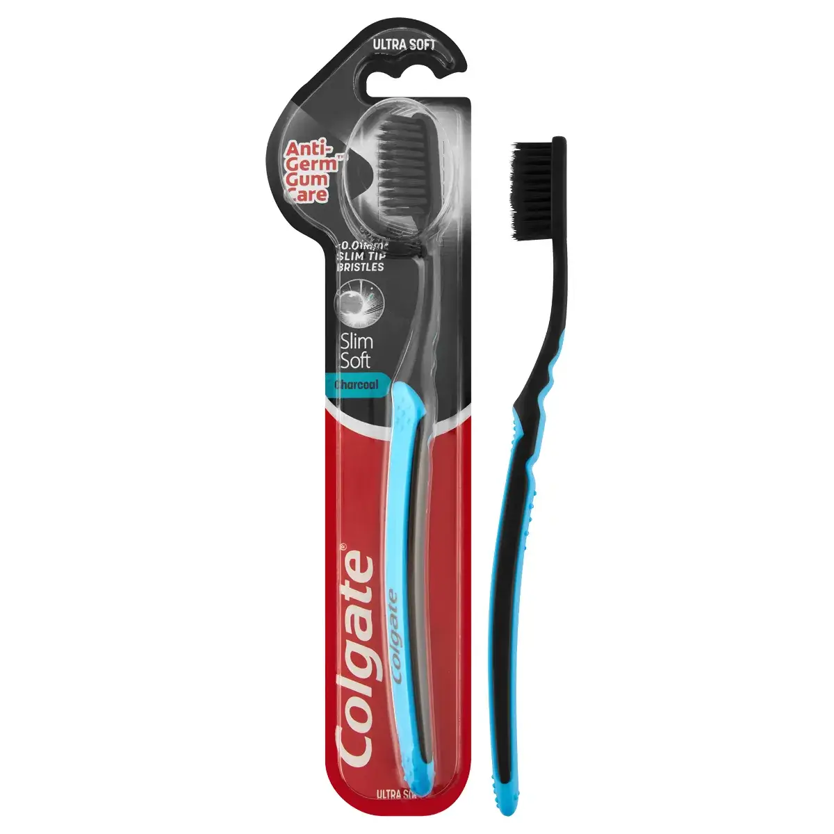Colgate Slim Soft Charcoal Ultra Soft toothbrush pack with unpackaged brush shown beside it