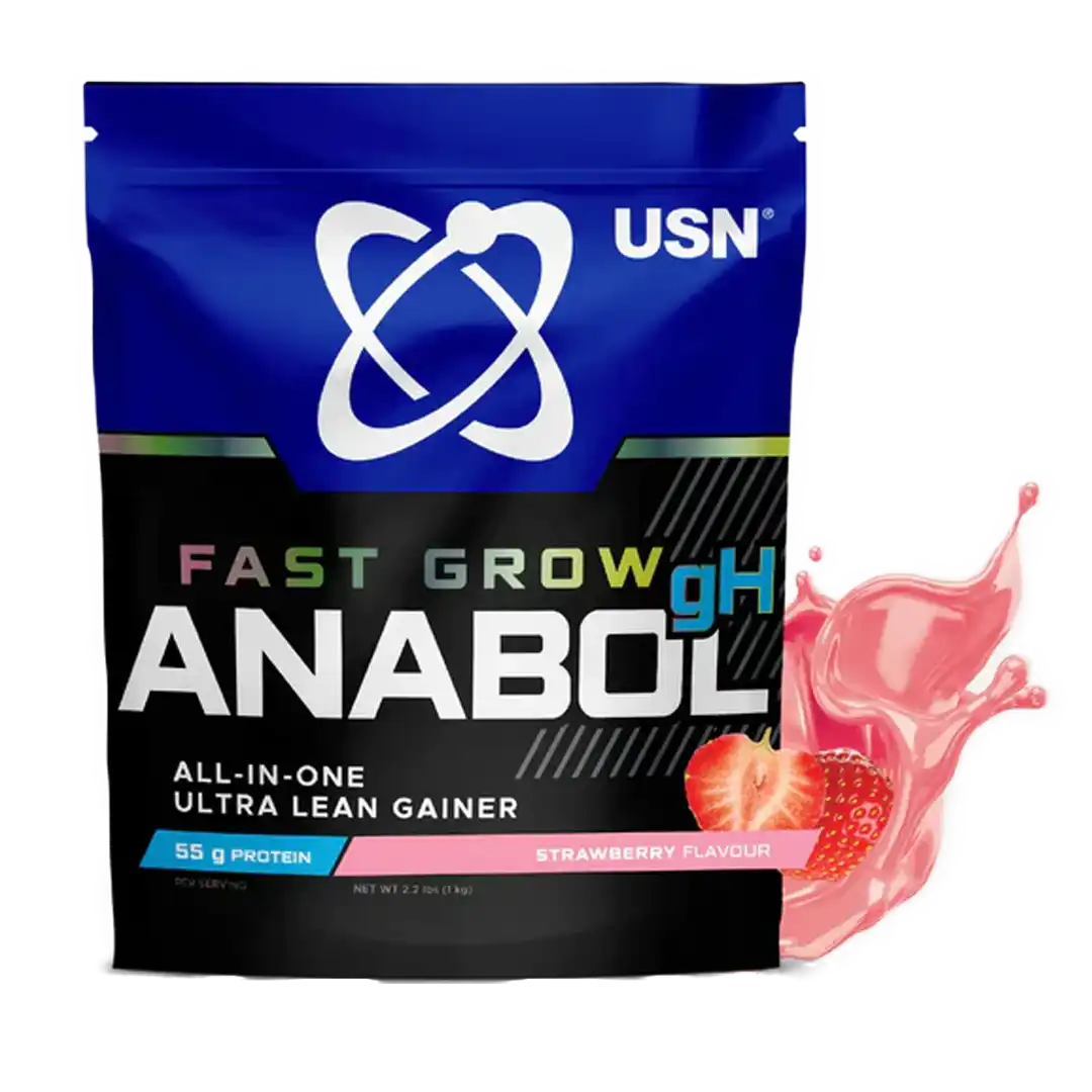 Front of USN Fast Grow Anabol gH All-In-One Ultra Lean Gainer, Strawberry flavour, 1kg pouch