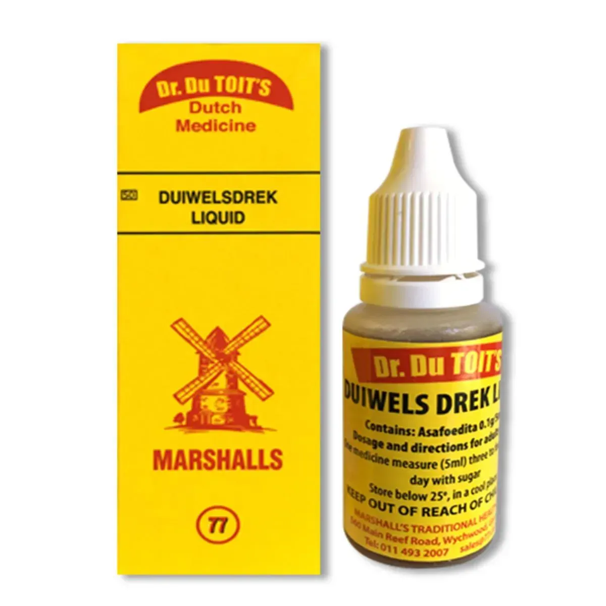 Front of Marshalls Duiwelsdrek Drops 20ml box and bottle