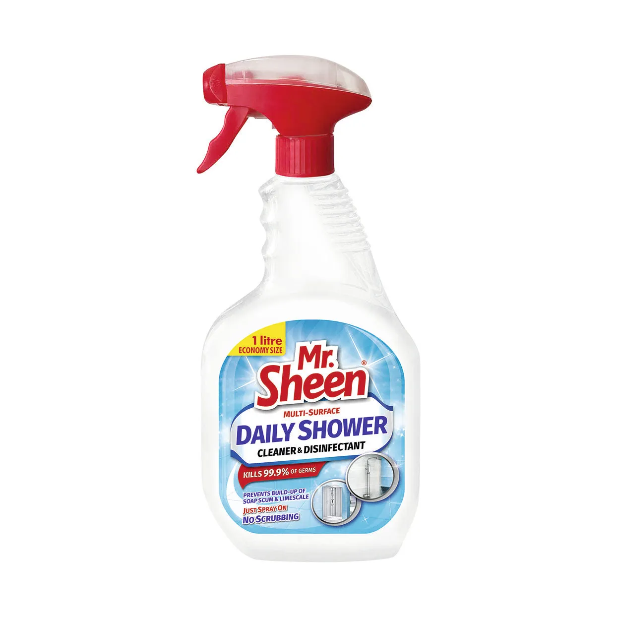 Front of Mr Sheen Daily Shower Cleaner & Disinfectant 1L trigger spray bottle