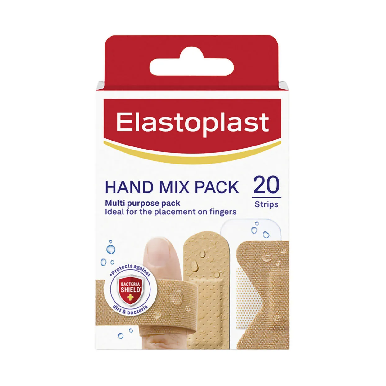 Front of Elastoplast Hand Mix Pack 20 Strips box