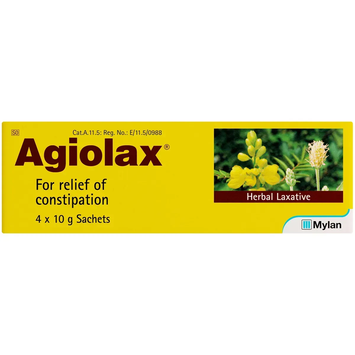 Front of Agiolax Herbal Laxative 4 x 10 g Sachets box