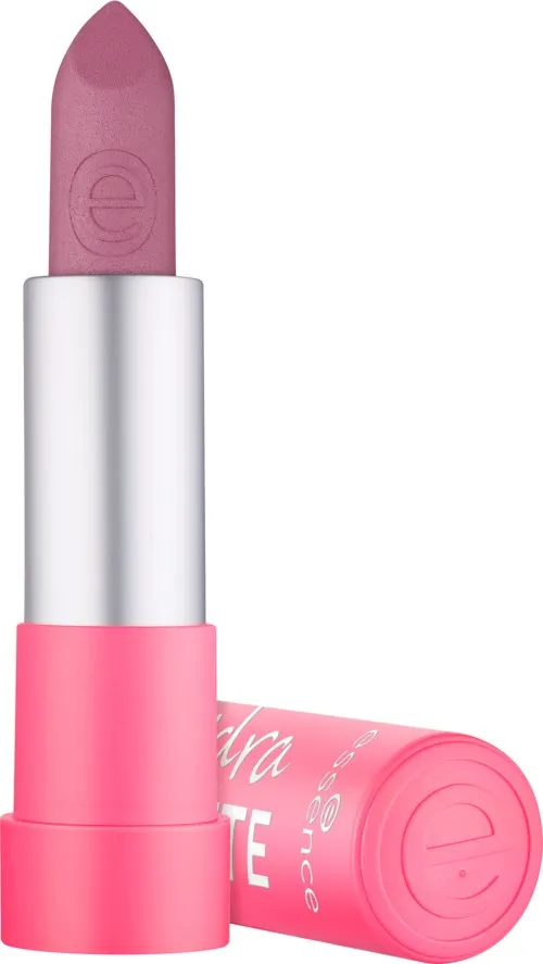 Essence Hydra Matte Lipstick open with cap, pink casing, mauve-pink bullet