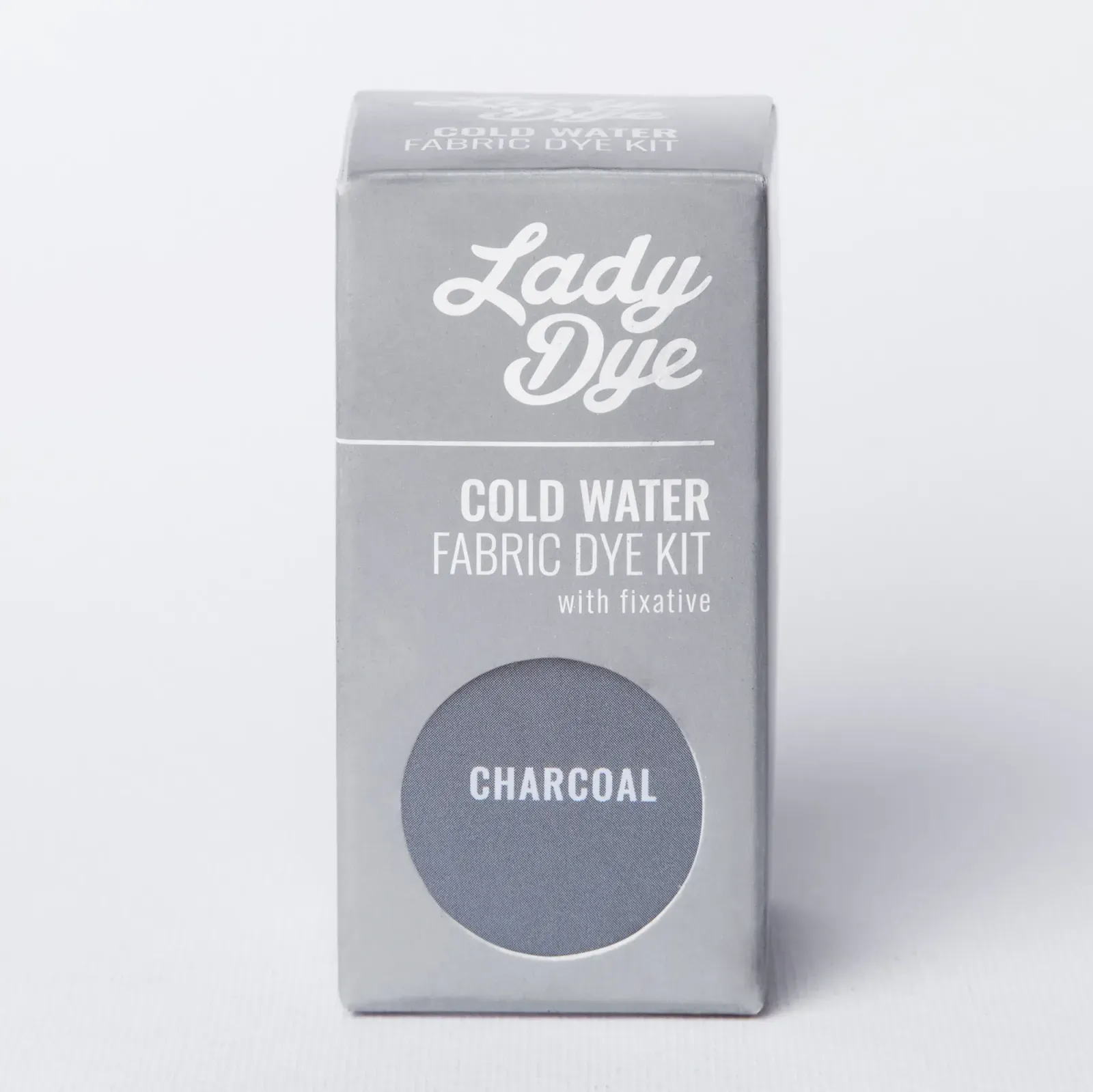 Front angled view of Lady Dye Cold Water Fabric Dye Kit in Charcoal shade box