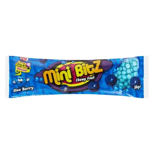 Front of Mini Bitz Chewy Fruit Blueberry 50g pack