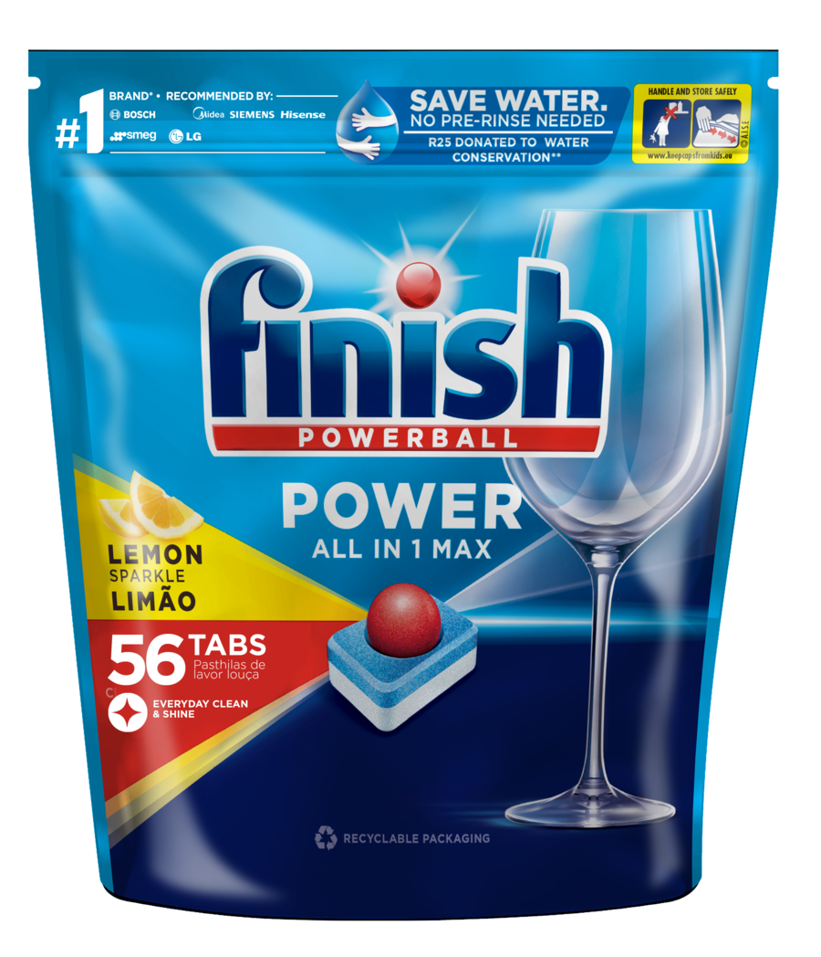 Front of Finish Powerball Power All in 1 Max Lemon Sparkle 56 Tabs dishwasher tablets pack