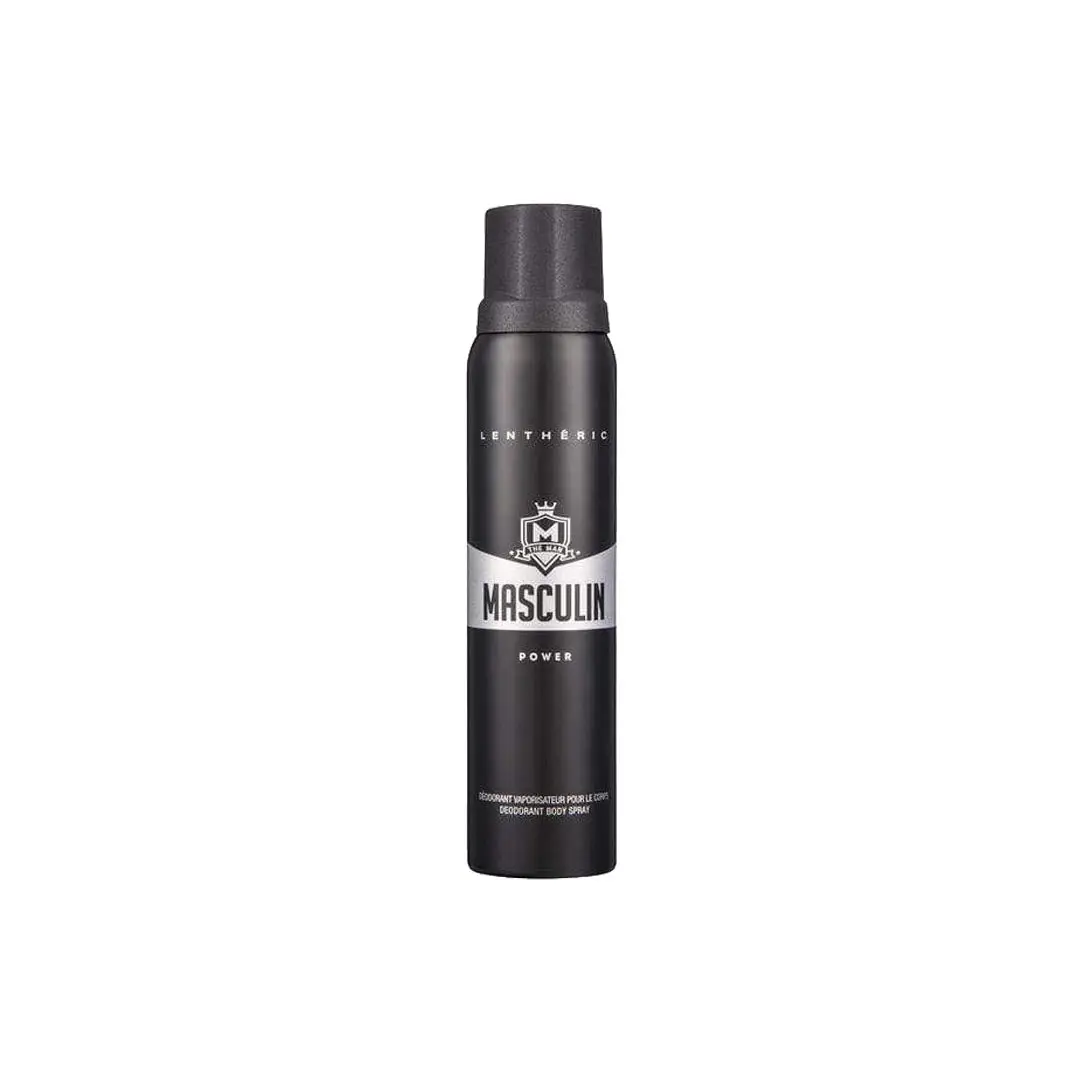 Front of Lenthéric Masculin Power Deodorant Body Spray 250 ml can on white background