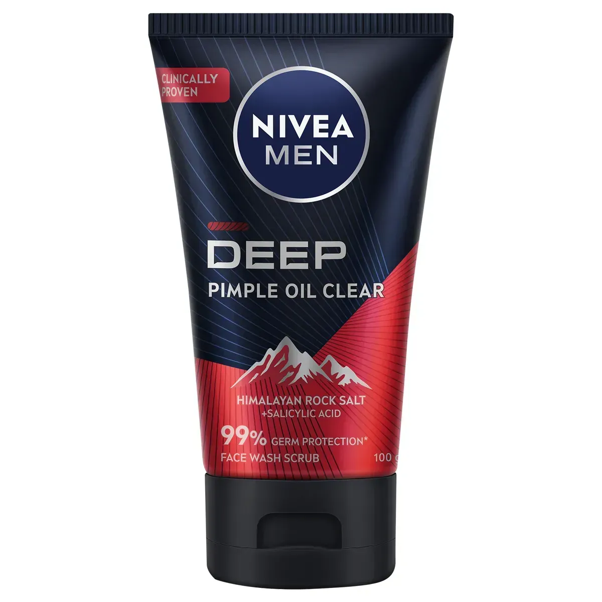 Front of NIVEA MEN Deep Pimple Oil Clear Face Wash Scrub 100 g tube