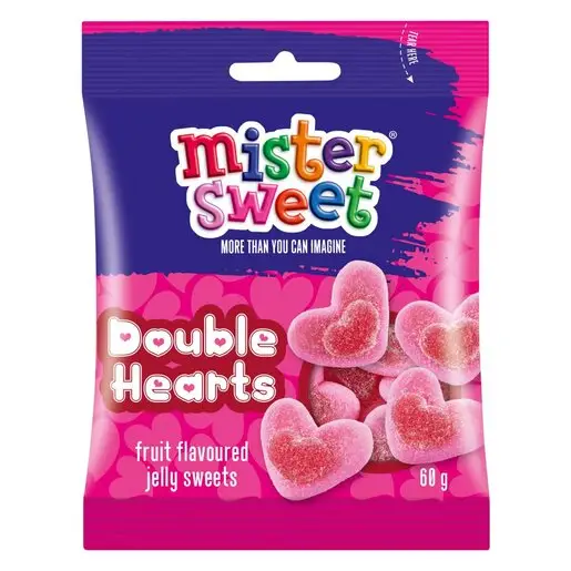 Front of Mr Sweet Double Hearts fruit flavoured jelly sweets 60 g pack