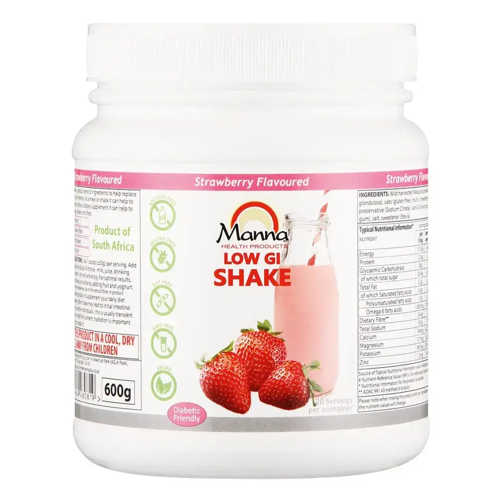 Front of Manna Organic Shake Strawberry Flavoured 600g tub