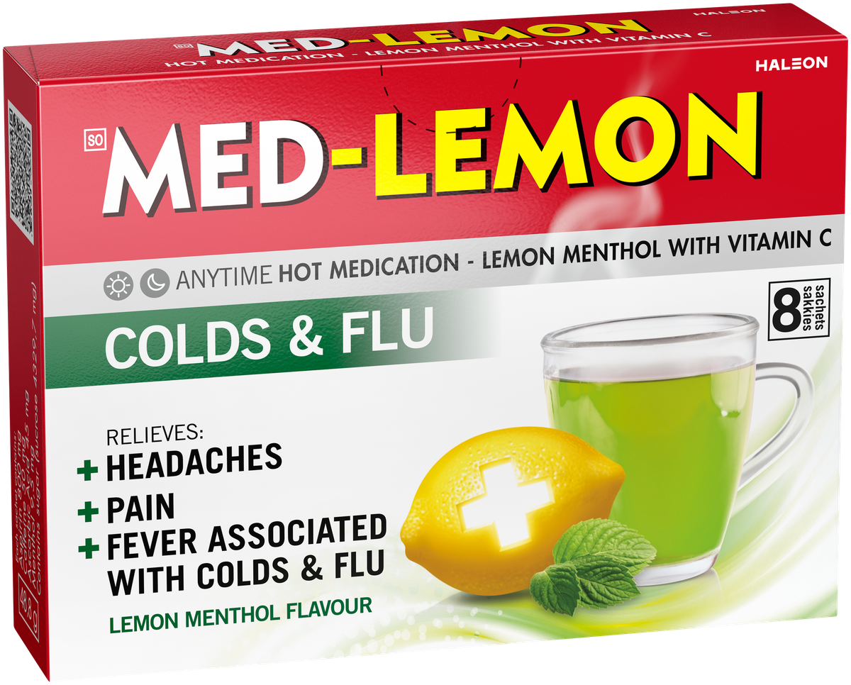 Front of GlaxoSmithKline Med-Lemon Lemon Menthol Colds & Flu 8 sachets box