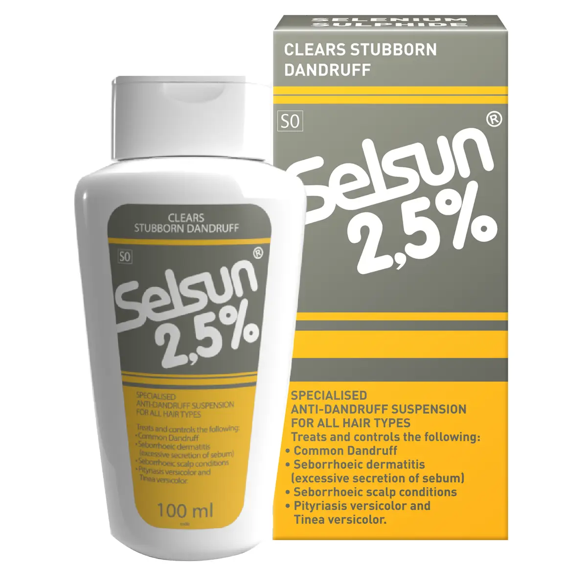 Front of Selsun 2.5% Anti-Dandruff Shampoo 100 ml bottle and box