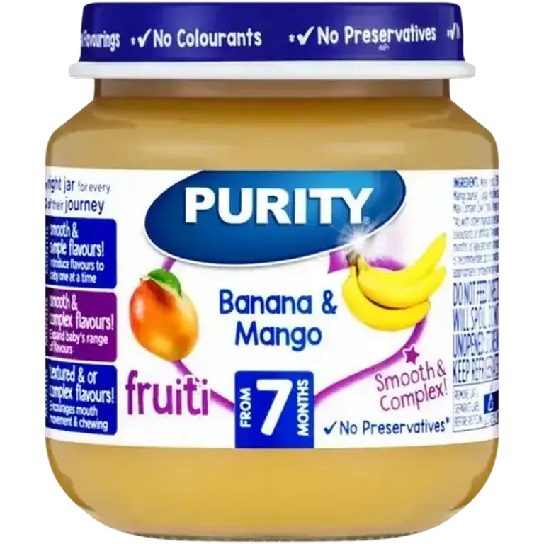 Front of Purity Banana & Mango Delight baby food 125 ml jar on white background
