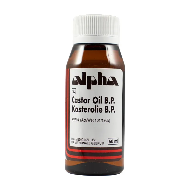 Front of Alpha Castor Oil B.P. 50 ml bottle