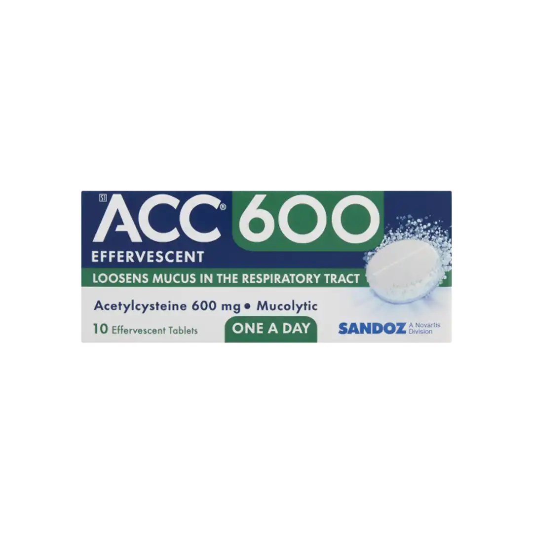 Front of Sandoz ACC 600 Effervescent 10 tablets box on white background